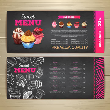 Vintage chalk drawing dessert menu design. Sweet cupcake