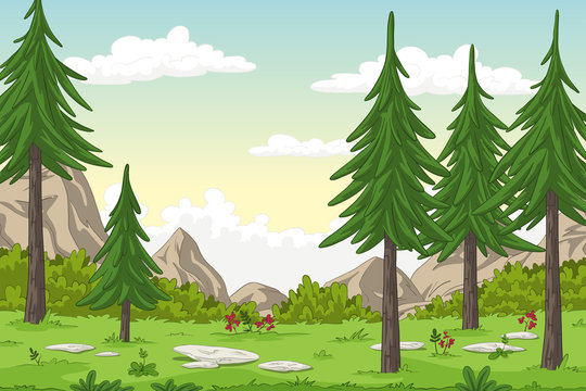 Cartoon summer landscape with mountains, hand draw illustration