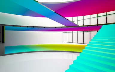 Abstract white and colored gradient  interior multilevel public space with window. 3D illustration and rendering.