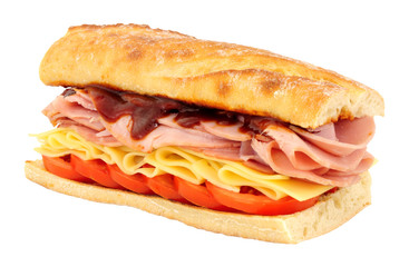 Ham and cheese crusty sandwich with tomatoes isolated on a white background