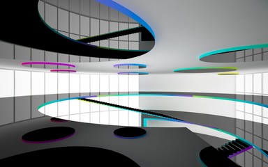 Fototapeta premium Abstract black and colored gradient interior multilevel public space with window. 3D illustration and rendering.