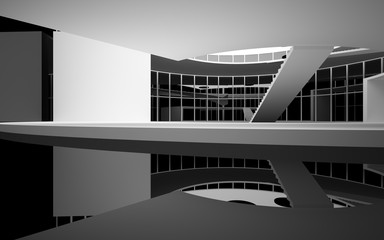 Abstract white and black interior multilevel public space with window. 3D illustration and rendering.