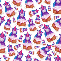 Seamless pattern unicorn sits at the table on which the cake on his birthday. Watercolor illustration with colored pencils isolated on a white background. 