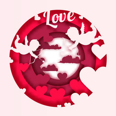 Happy valentines day and weeding design elements with sparkles. Vector illustration. Pink Background With Ornaments, Hearts. Doodles and curls, clouds, bows. Be my Valentine.