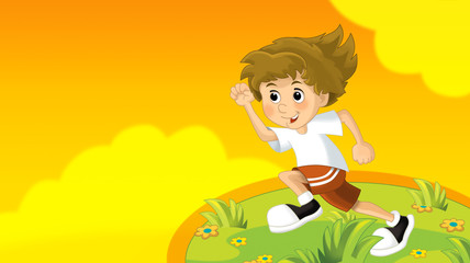 cartoon summer background with kid training in nature - with space for text - illustration for children