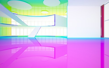 Abstract white and colored gradient glasses interior multilevel public space with window. 3D illustration and rendering.