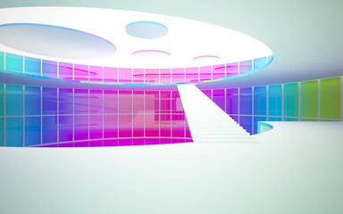 Fototapeta premium Abstract white and colored gradient glasses interior multilevel public space with window. 3D illustration and rendering.