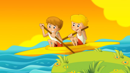 cartoon summer background with kids training in nature illustration for children