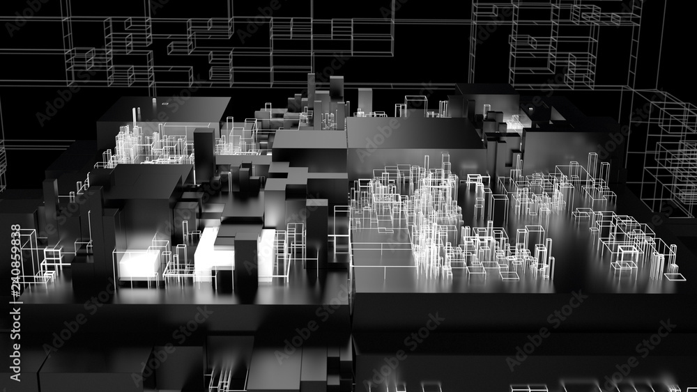 Poster 3d render complex abstract background. technology concept. detailed cube for technology, artificial 
