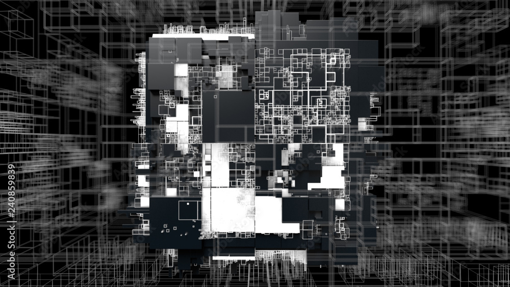 Poster 3d render complex abstract background. technology concept. detailed cube for technology, artificial 
