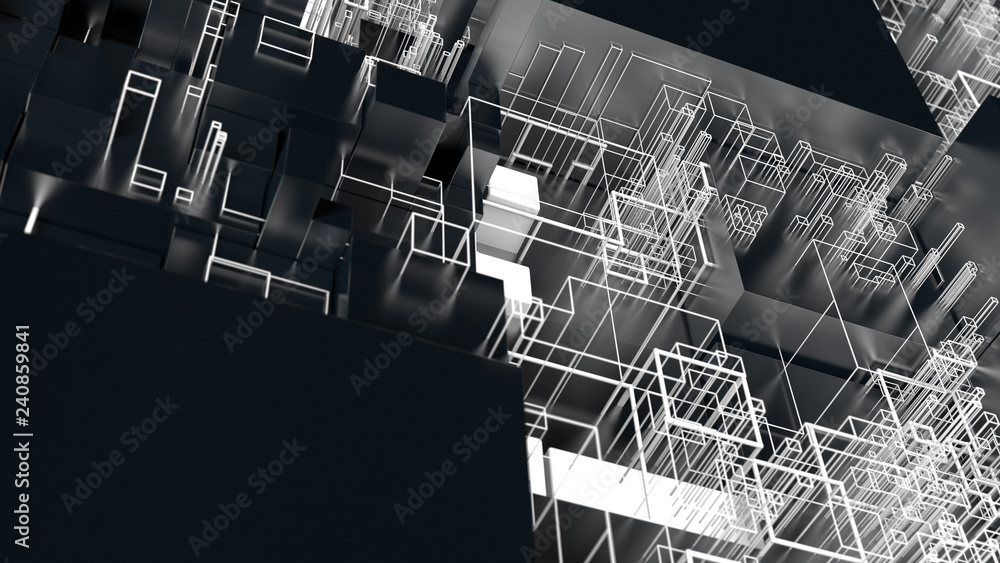 Poster 3d render complex abstract background. technology concept. detailed cube for technology, artificial 