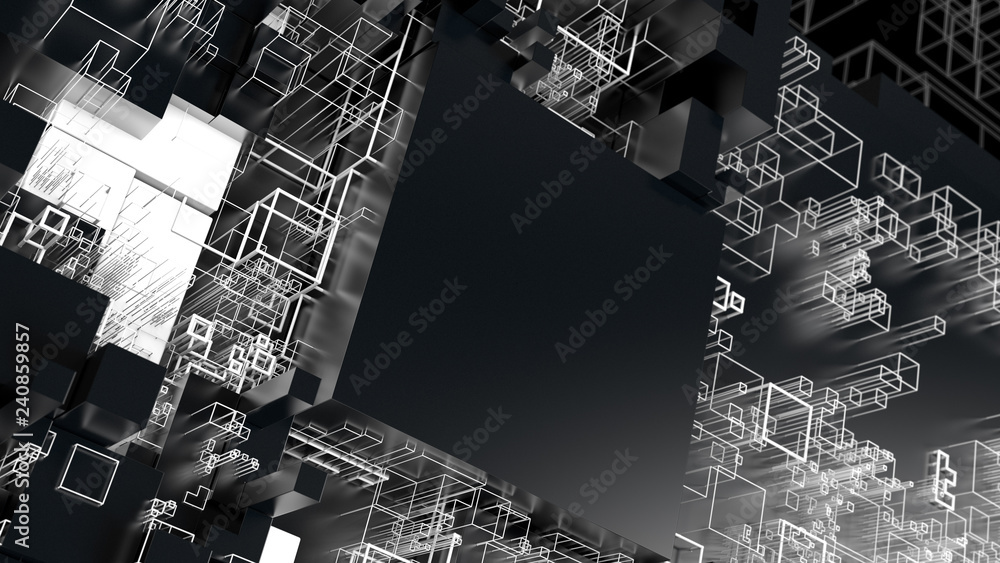 Poster 3d render complex abstract background. technology concept. detailed cube for technology, artificial 