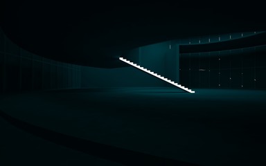 Fototapeta na wymiar Abstract dark interior multilevel public space with neon lighting. 3D illustration and rendering