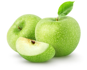 Isolated wet apples. Two green apple fruits with slice isolated on white background with clipping path