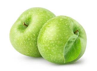 Isolated apples. Two whole wet green apple fruits isolated on white background with clipping path