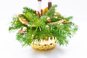 Christmas arrangement of fir branches in a basket