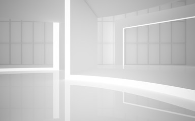Abstract white interior multilevel public space with neon lighting. 3D illustration and rendering.