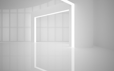 Abstract white interior multilevel public space with neon lighting. 3D illustration and rendering.