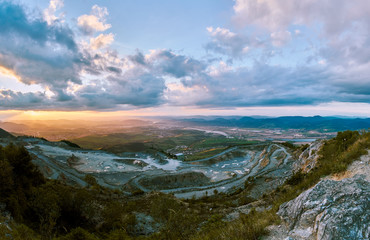 Beautiful panoramic view of the Zilina city and a big stone pit quarry under the mountain