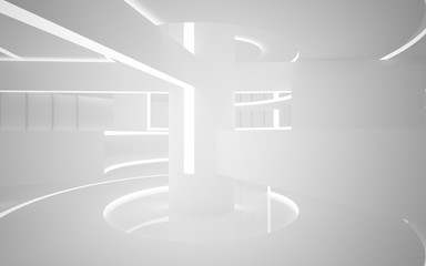 Abstract white interior multilevel public space with neon lighting. 3D illustration and rendering.