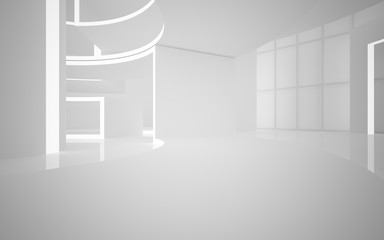 Abstract white interior multilevel public space with neon lighting. 3D illustration and rendering.