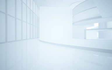 Abstract white interior multilevel public space with window. 3D illustration and rendering.