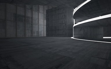 Abstract  concrete interior multilevel public space with neon lighting. 3D illustration and rendering.