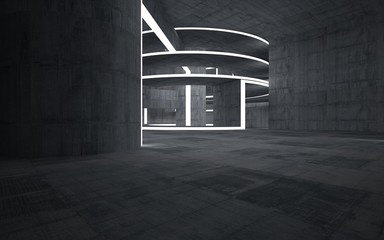 Abstract  concrete interior multilevel public space with neon lighting. 3D illustration and rendering.