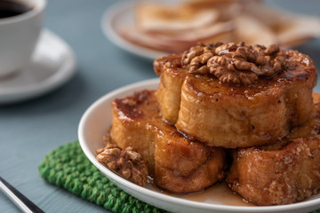 French toast, honey and walnuts. Tasty breakfast.