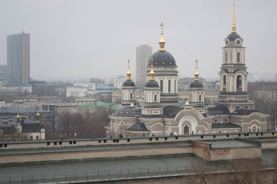 The church with golden domes in the city