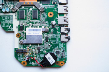 electronic board with outputs and microcircuits macro photography