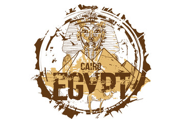 Egypt, Giza, Tutankhamun Egyptian Pharaoh king mask And The Pyramid Of Khafre With Camel
