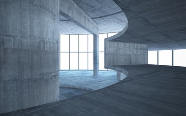 Abstract  concrete interior multilevel public space with window. 3D illustration and rendering.