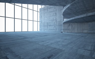 Abstract  concrete interior multilevel public space with window. 3D illustration and rendering.