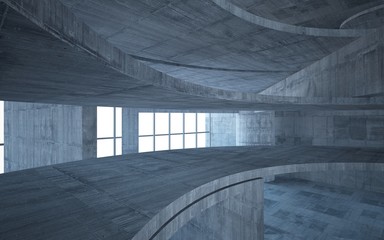 Abstract  concrete interior multilevel public space with window. 3D illustration and rendering.