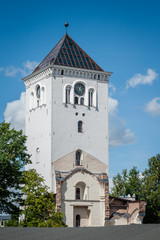 Obraz premium Jelgava Holy Trinity Church Tower. Jelgava, Latvia. Preserved part of the medieval Lutheran church. Clock tower.