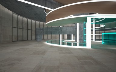 Abstract  concrete and wood interior multilevel public space with neon lighting. 3D illustration and rendering.