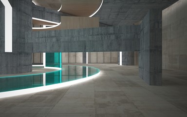 Abstract  concrete and wood interior multilevel public space with neon lighting. 3D illustration and rendering.