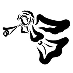 Flying angel with trumpet, message or glorification, black outline