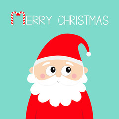 Merry Christmas. Santa Claus head face. Happy New Year. White moustaches, beard. Red hat. Cute cartoon funny kawaii baby character. Greeting card. Flat design. Blue background.