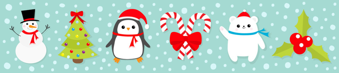 Merry Christmas icon set. Snowman Candy Cane stick red bow. Penguin bird, white polar bear cub wearing Santa Claus hat, scarf. Holly berry Mistletoe. Fir-tree Flat design. Blue snow background.