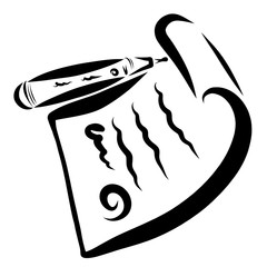 Document with stamp and pen, black outline