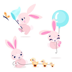 Obraz na płótnie Canvas Set of cute rabbits with baloon, butterfly and ducks. Collection of bunny isolated on white background. Vector illustration