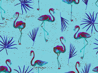 Large flamingo blue hawaiian seamless pattern.