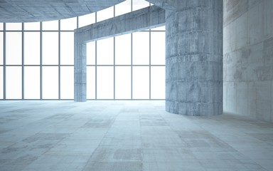 Abstract  concrete and wood interior multilevel public space with window. 3D illustration and rendering.