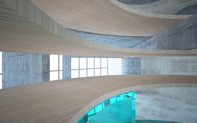 Abstract  concrete and wood interior multilevel public space with window. 3D illustration and rendering.