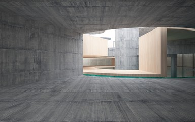 Abstract  concrete and wood interior multilevel public space with window. 3D illustration and rendering.