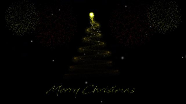 Golden christmas tree and fireworks on black background, animated merry christmas writing , 4K video