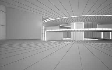 Abstract drawing white interior multilevel public space with window. Polygon black drawing. 3D illustration and rendering.