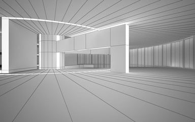 Abstract drawing white interior multilevel public space with window. Polygon black drawing. 3D illustration and rendering.